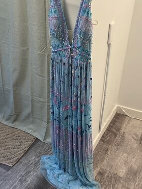 Aleta Elegant Beaded Light Blue V-Neck Evening Dress